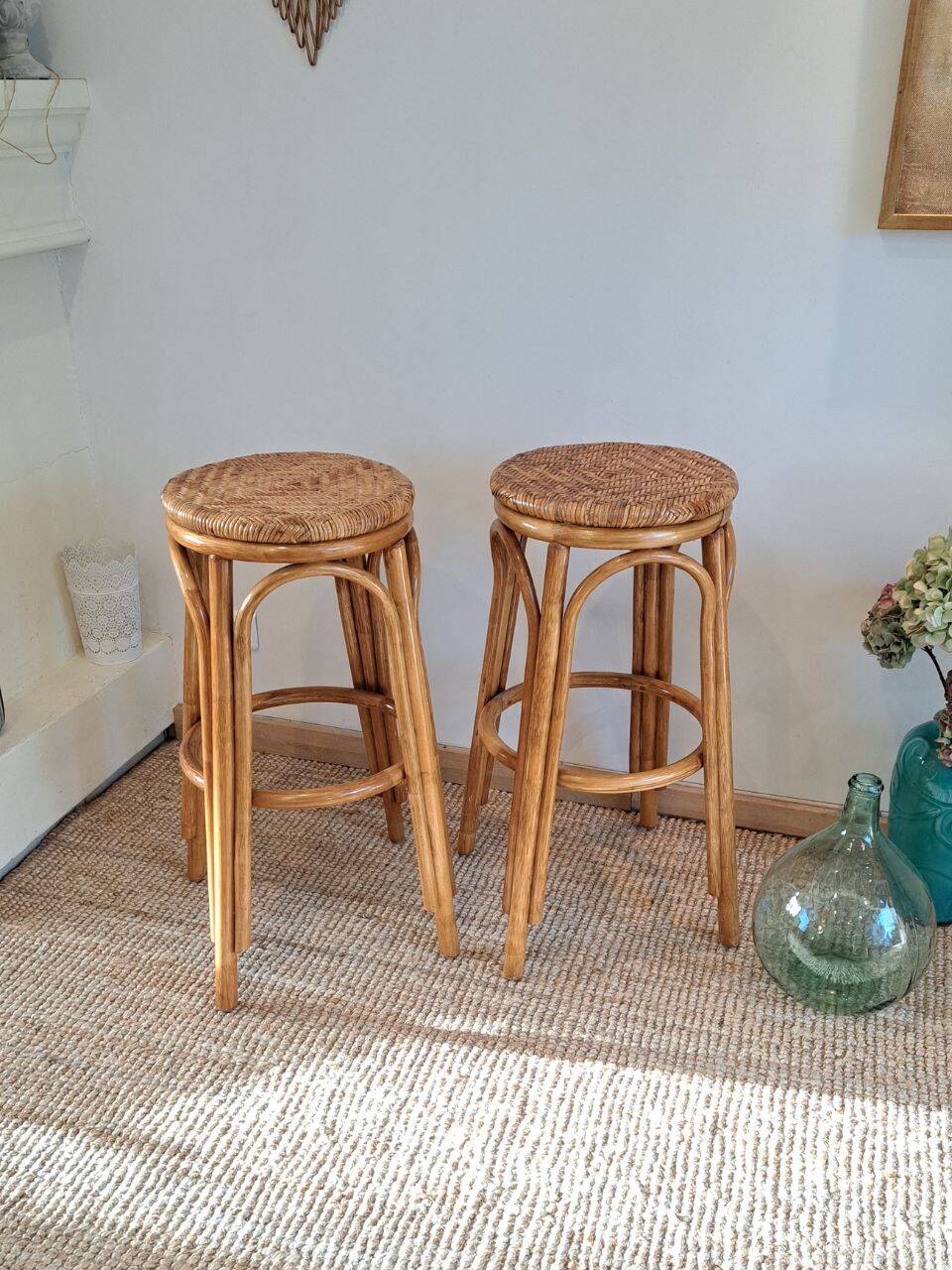Vintage rattan and wicker bar stools