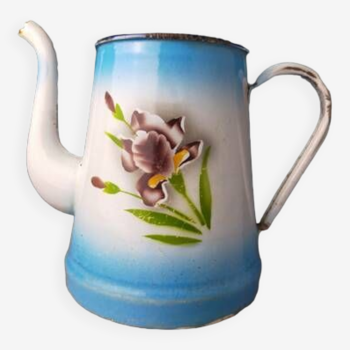 Enameled sheet metal coffee maker decorated with purple iris flower