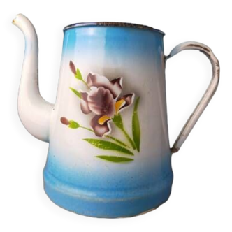 Enameled sheet metal coffee maker decorated with purple iris flower