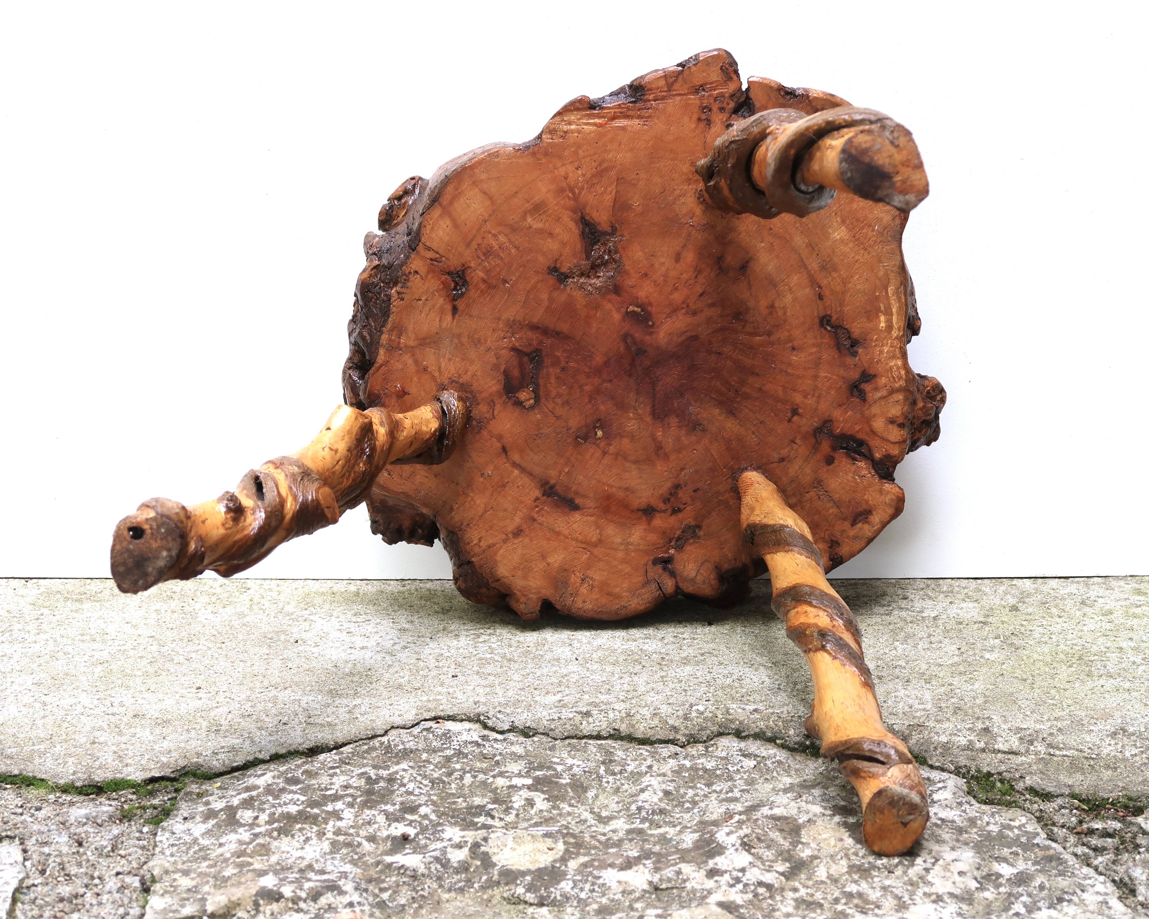 Brutalist tripod wooden side table, 1950s