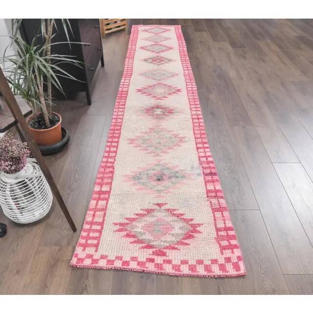 Pink Vintage Turkish Hand-Knotted Tribal Runner 74x391