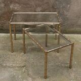 Pair of nesting coffee tables in gold metal with bamboo effect