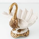 Sculptural Art Nouveau Swan Coupe in Crackled Glazed Porcelain and Gilded Metal