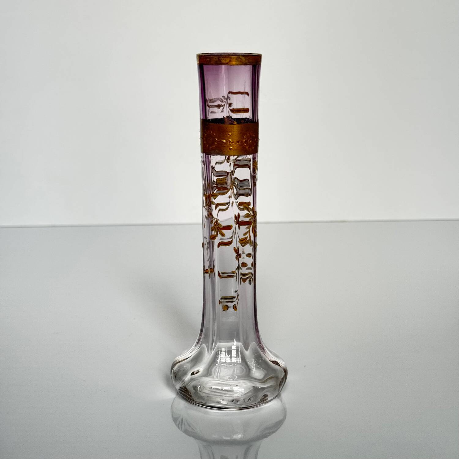 Antique purple tinted glass vase | ribbon/bow and flowers