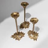 Set of 3 Doré Laiton Candle Holders – Art Nouveau Flower & Leaf Design, Italy, 1940s