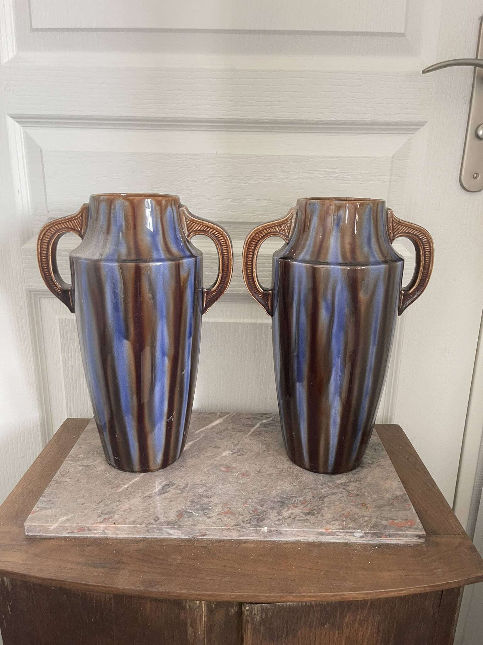 Old pair of glazed ceramic vases art deco amphora vierzon louis gueule