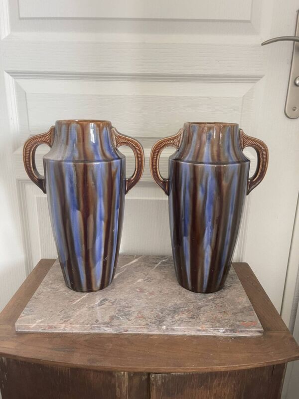 Ancien paire vase céramique emaillée amphore art déco vierzon louis gueule
