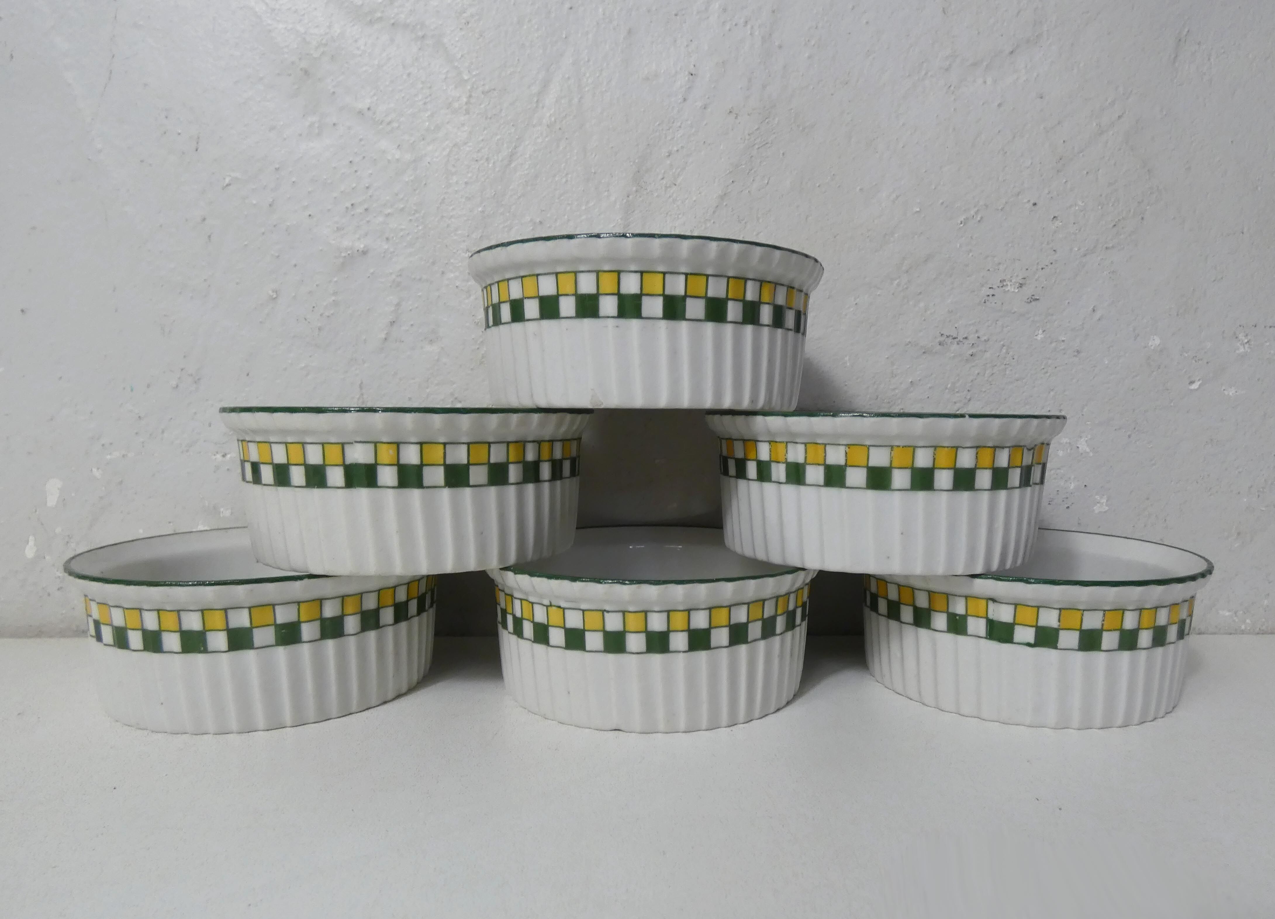 6 old ramekins porcelain checkerboard decoration