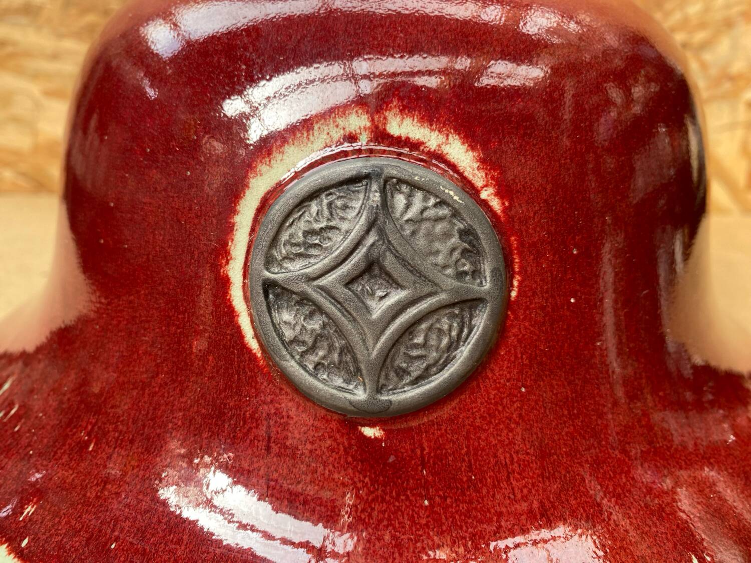 Antique Red Ceramic Salad Bowl Blue Interior + Vintage Kitchen Badge