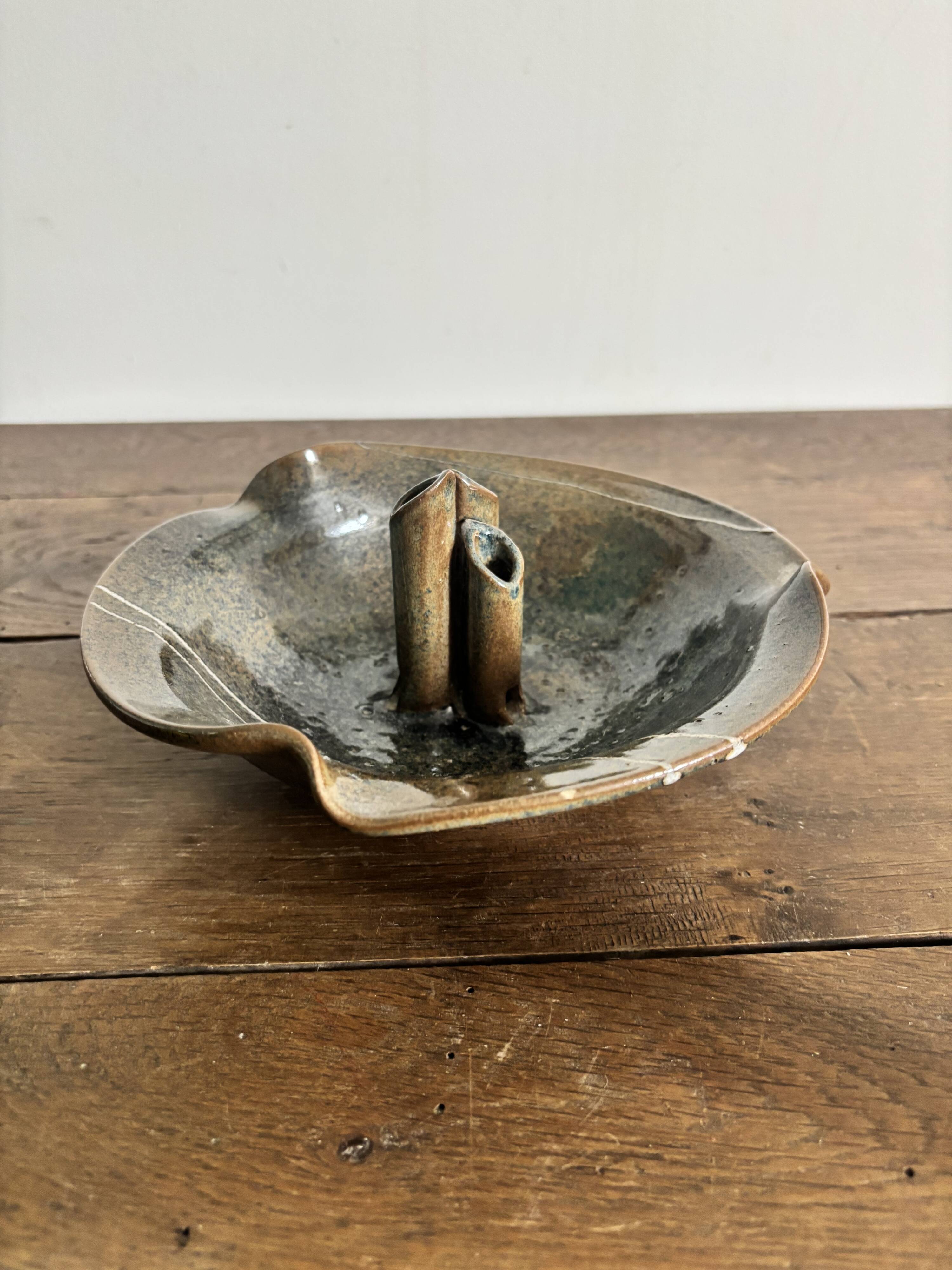 Flower holder coupe in stoneware signed – Vintage ceramics
