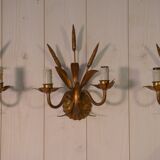 Set of 3 gilded wrought iron wall lights with wheat ears, 1960s