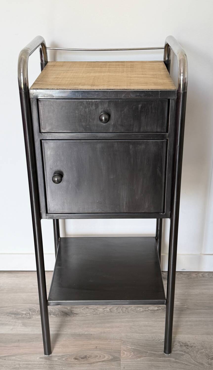 Vintage bedside table in brushed metal