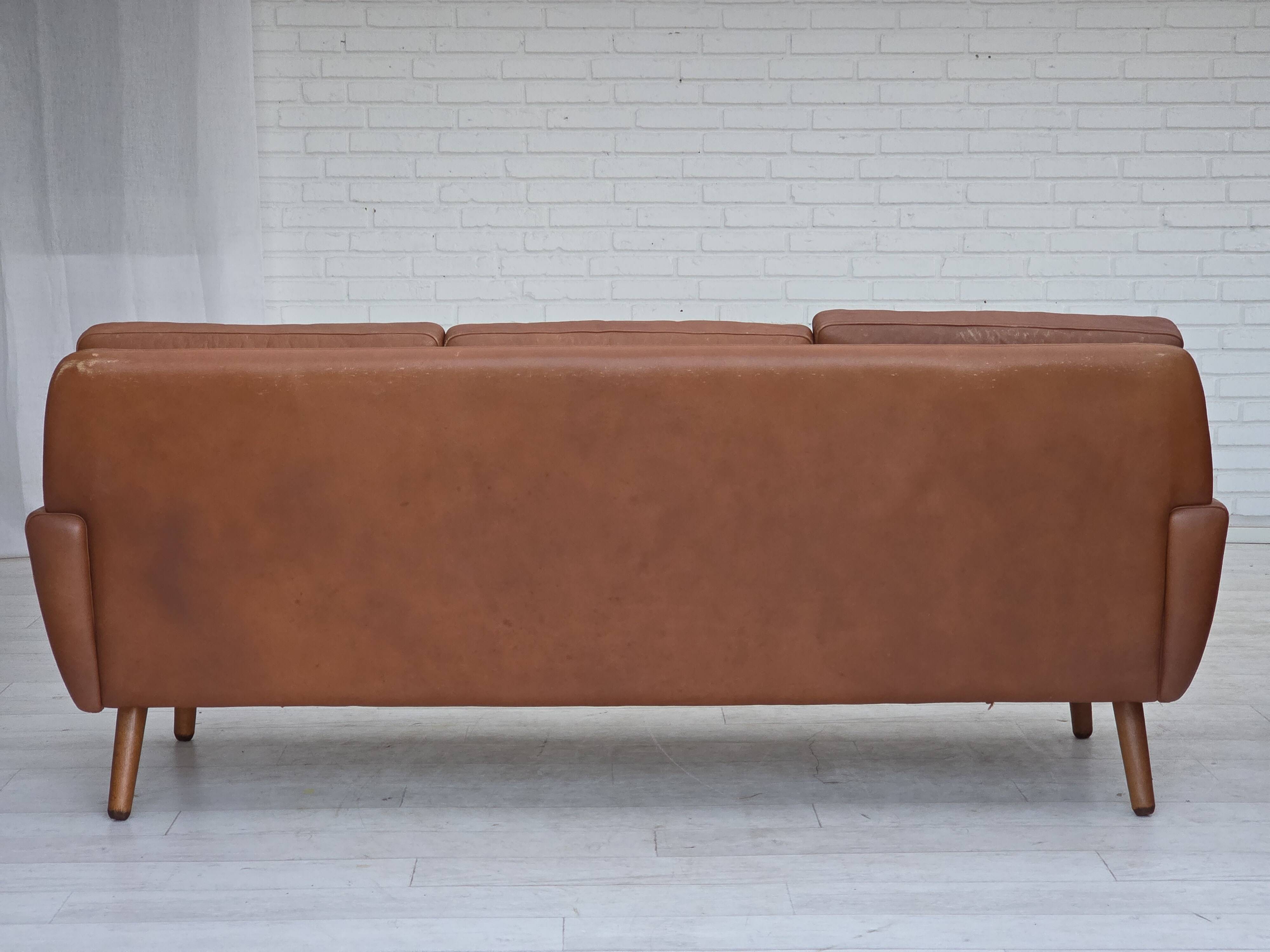 1970s, 3-seater Danish sofa, brown furniture leather with patina.