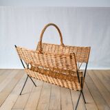 Modernist rattan and metal magazine rack 1970