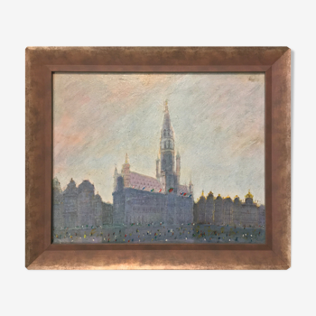 Painted in oil on panel depicting the Grand Place of Brussels in Belgium