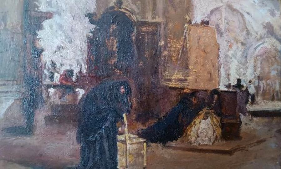 Oil on panel - early 20th century - interior of a church