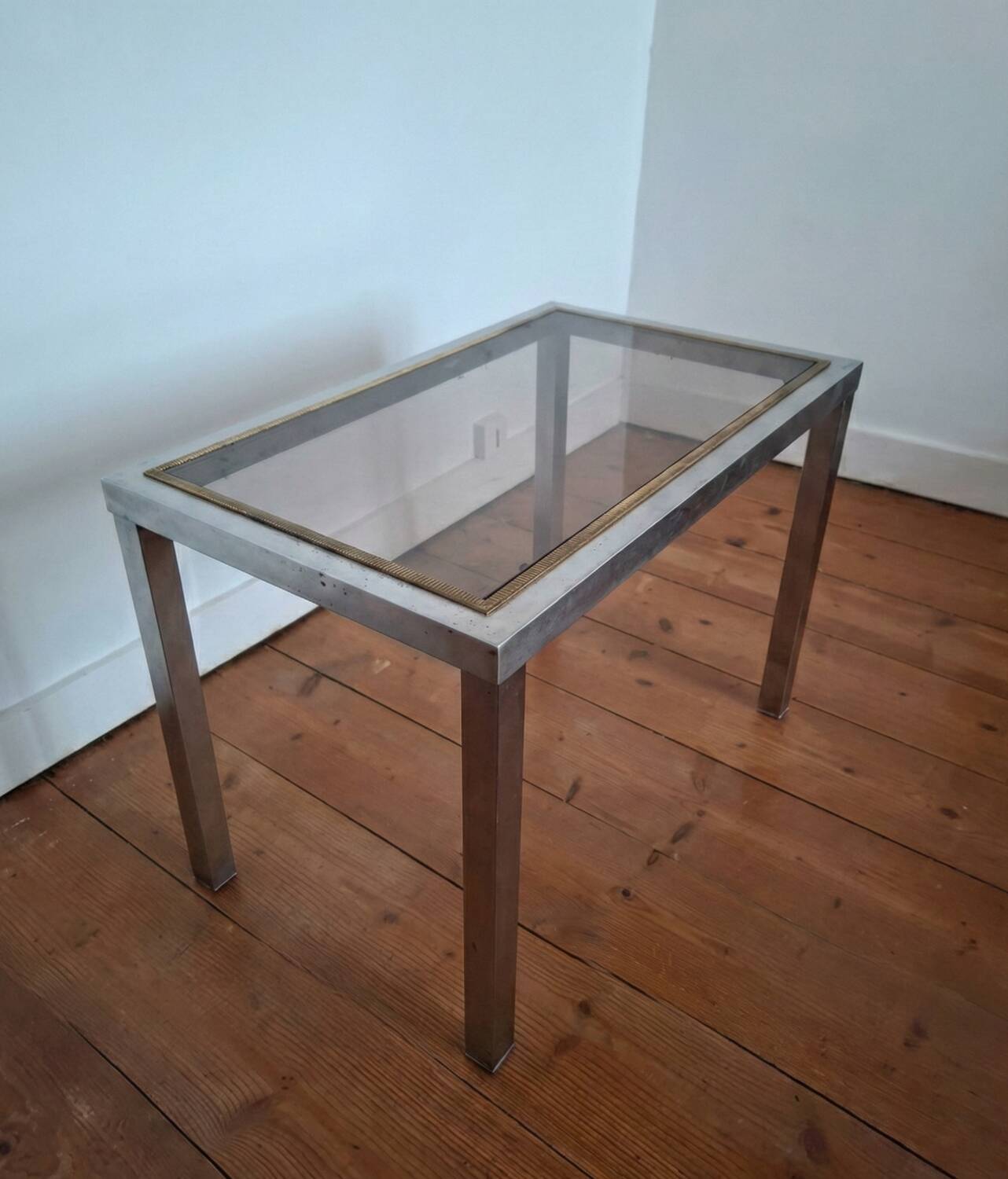 70s Design Side Table - Guy Lefèvre / Jansen - Steel & Brass