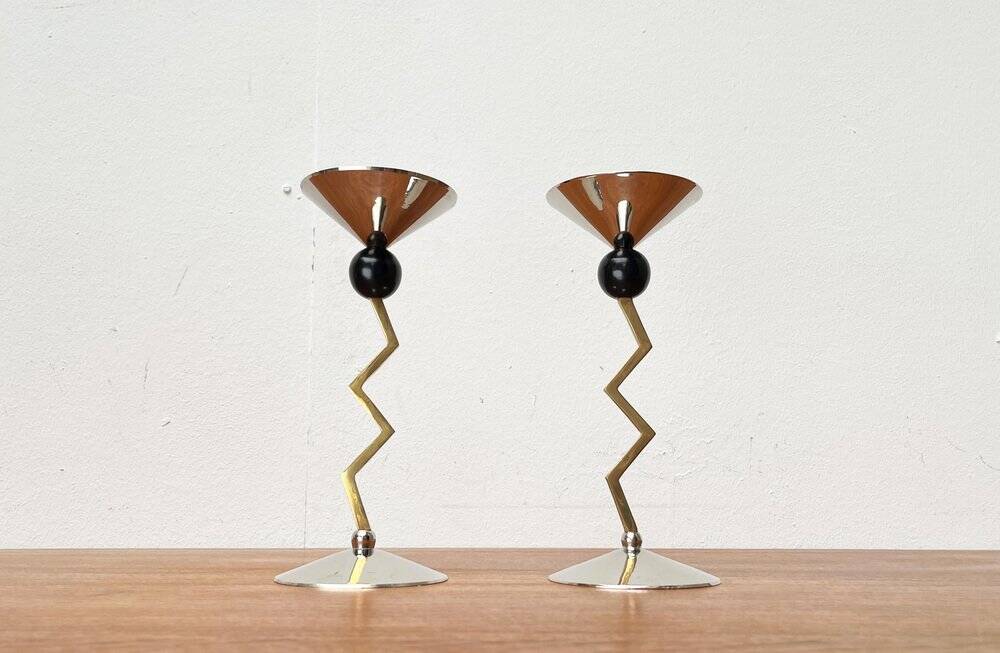 Italian postmodern metal candle holders, 1980s, set of 2