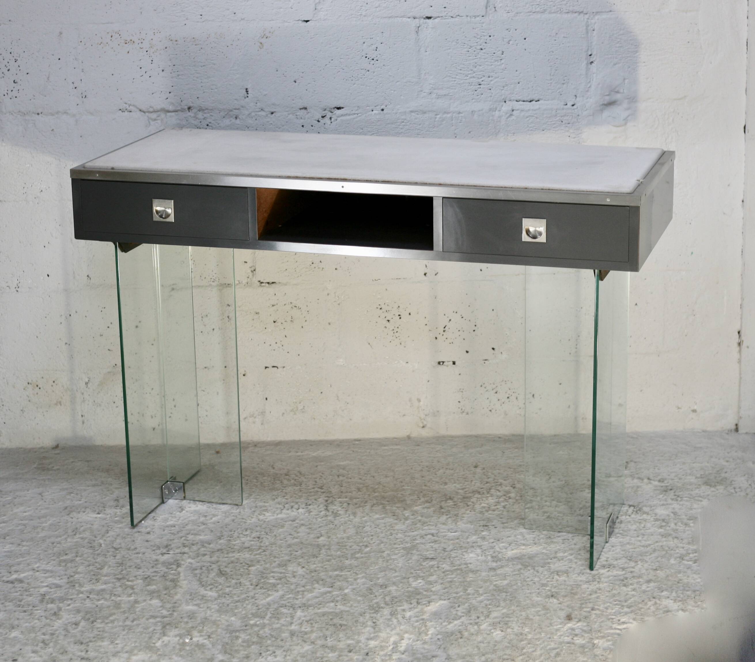 Modernist console, 1960s, glass base, wooden and fabric top.