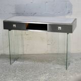 Modernist console, 1960s, glass base, wooden and fabric top.