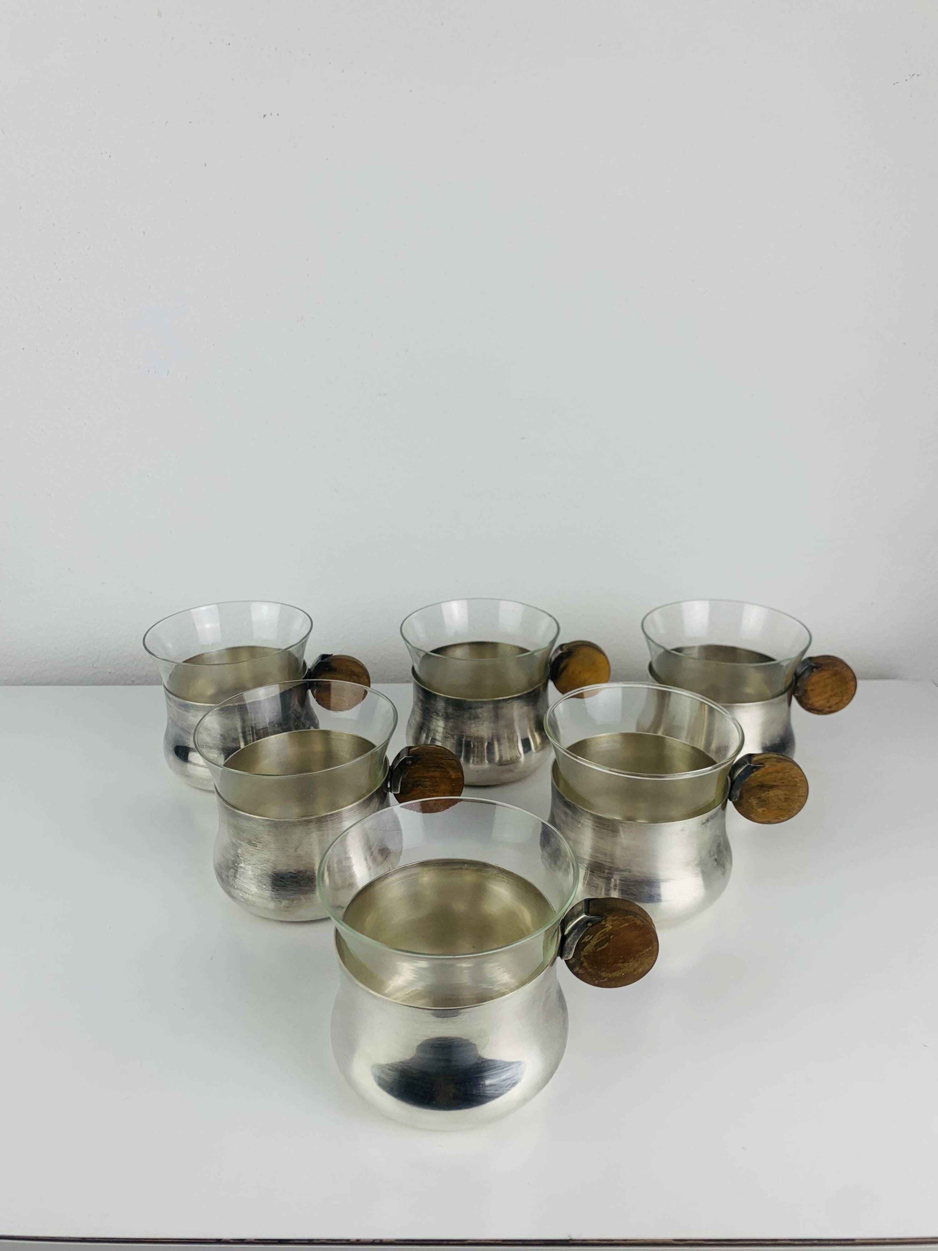 6 Art Deco silver-plated metal and glass cups by Sigg Switzerland