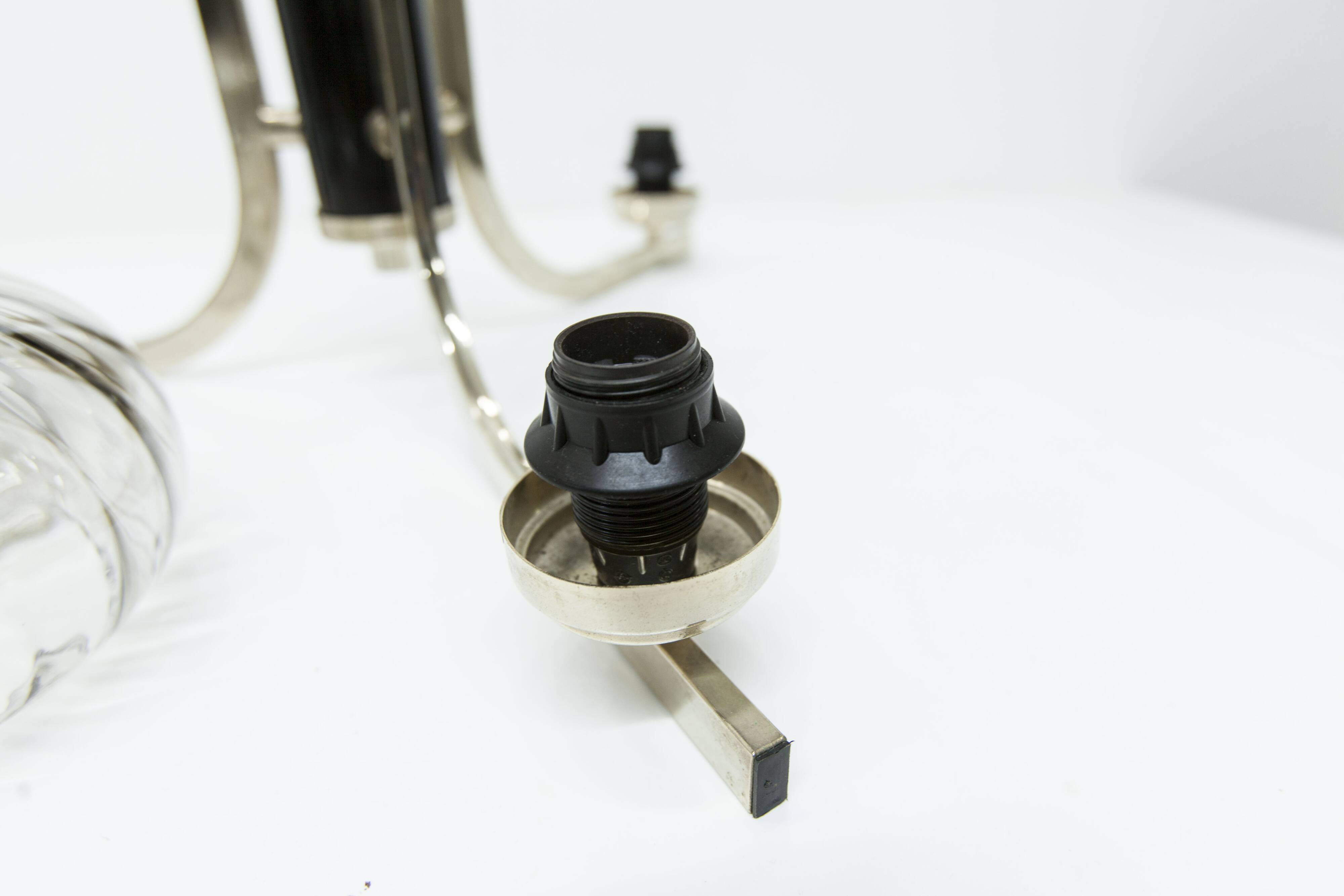 See Delmas chandelier, 3 arms, black and gold, clear glass, 1960