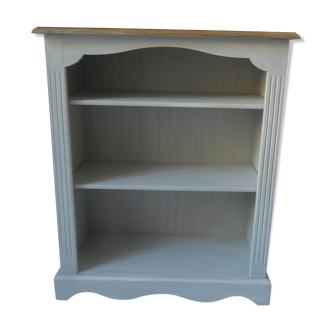 Bibliothèque patinée gris perle, 2 étagères, plateau bois