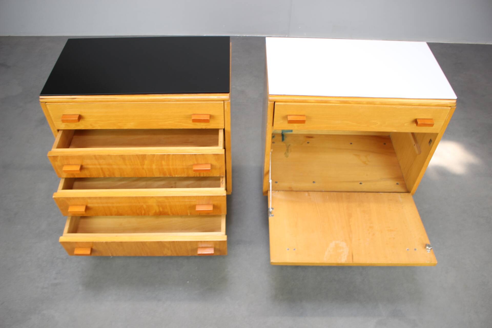 1960s František Mezulaník Mid-Century Maple Nightstands with Black and White Glass