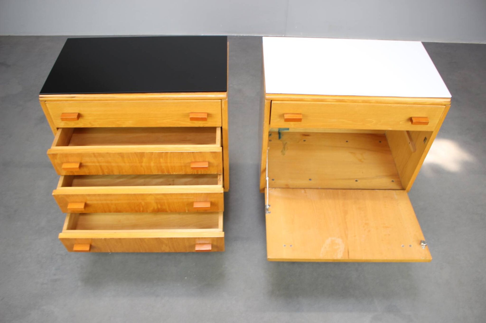 1960s František Mezulaník Mid-Century Maple Nightstands with Black and White Glass