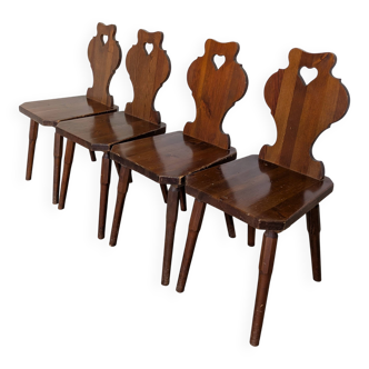 Set of 4 Vintage Tyrolean Pine Chair with Heart Cutout, 1970s Farmhouse