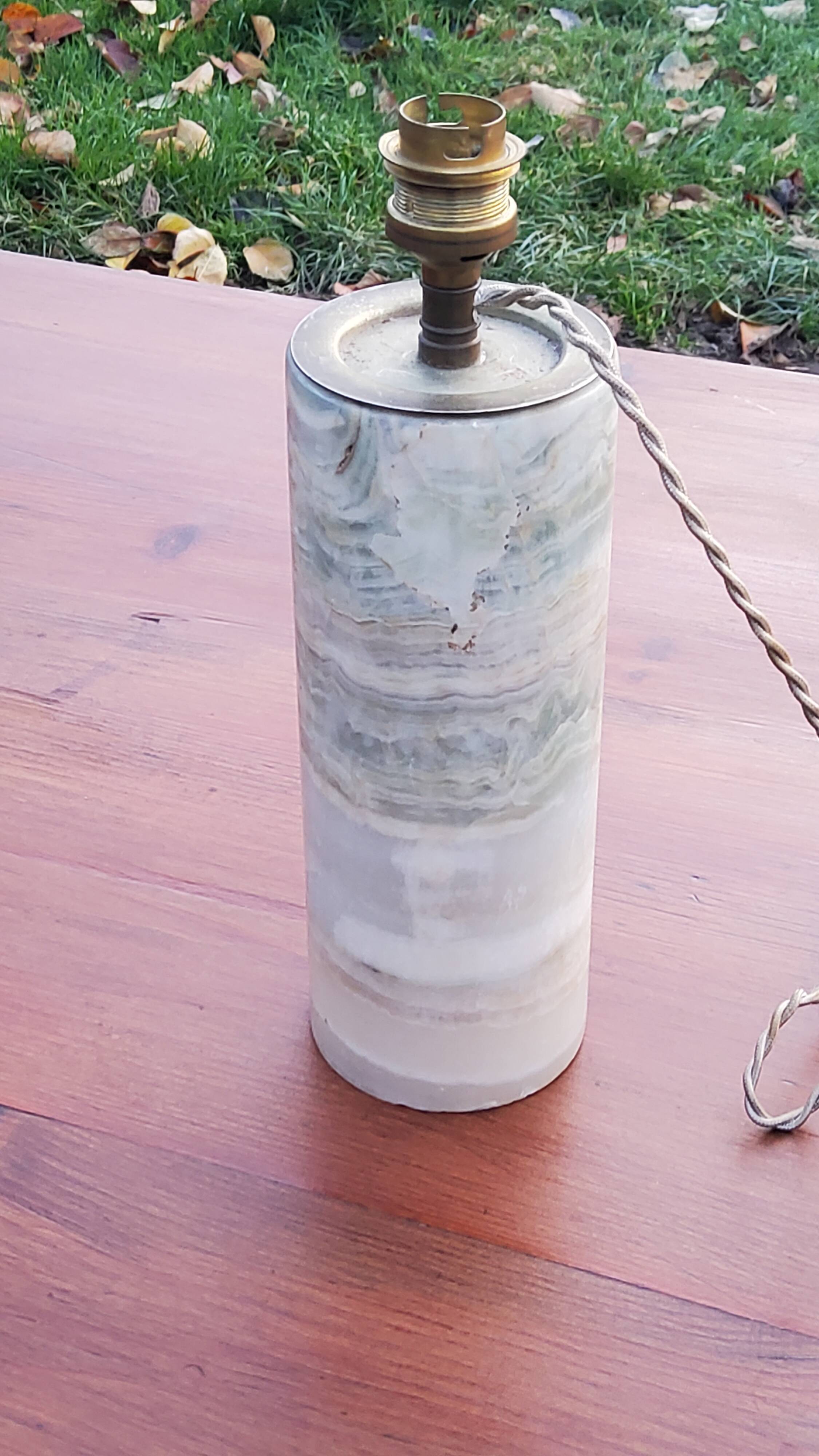 Designer lamp from the 70s in almond green onyx with original fabric shade