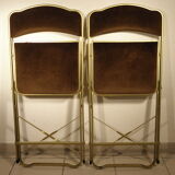Pair of folding chairs in velvet and gilded metal