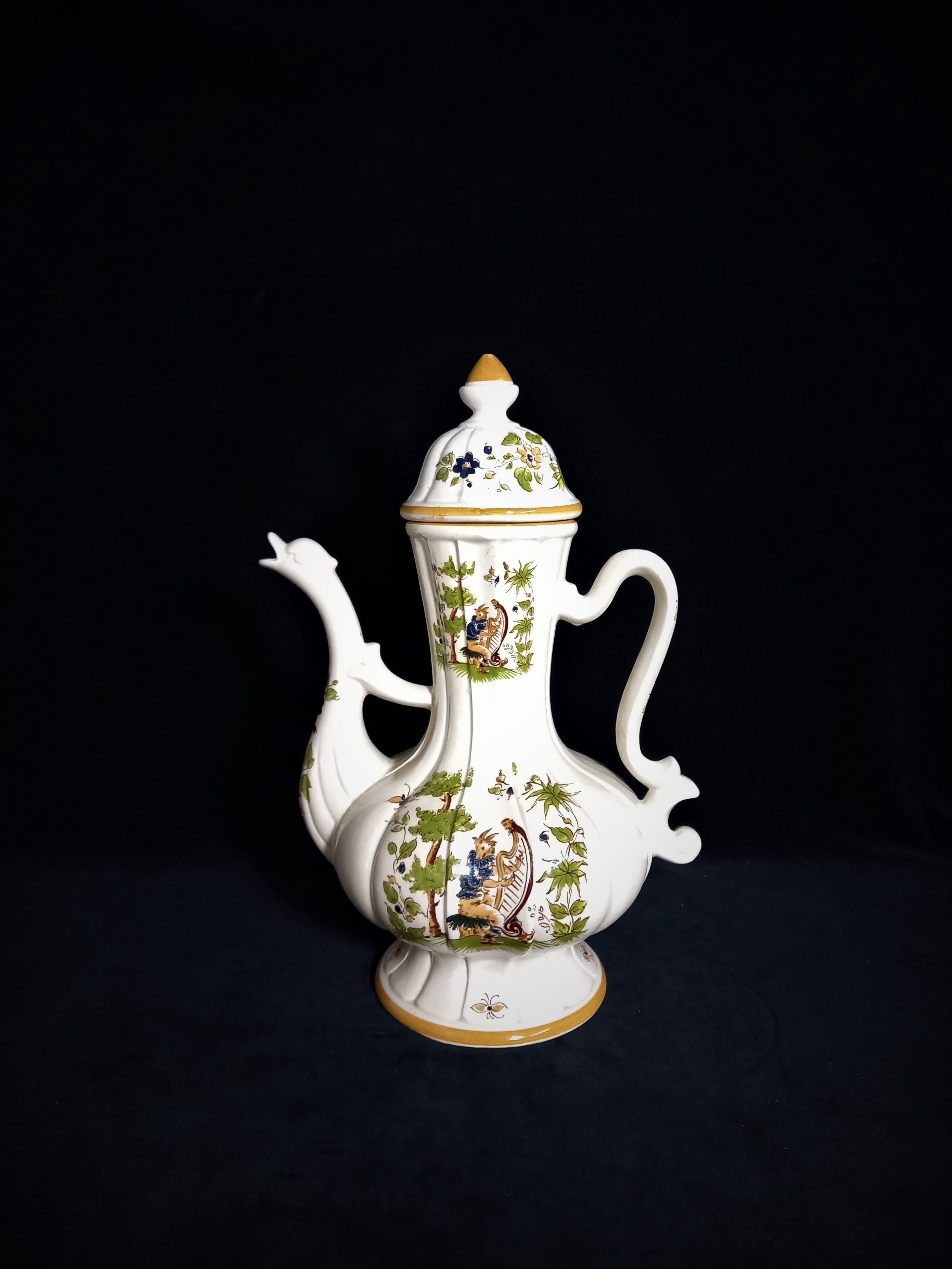 Faience ewer with dragon's head spout - decor 'vieux moustier'