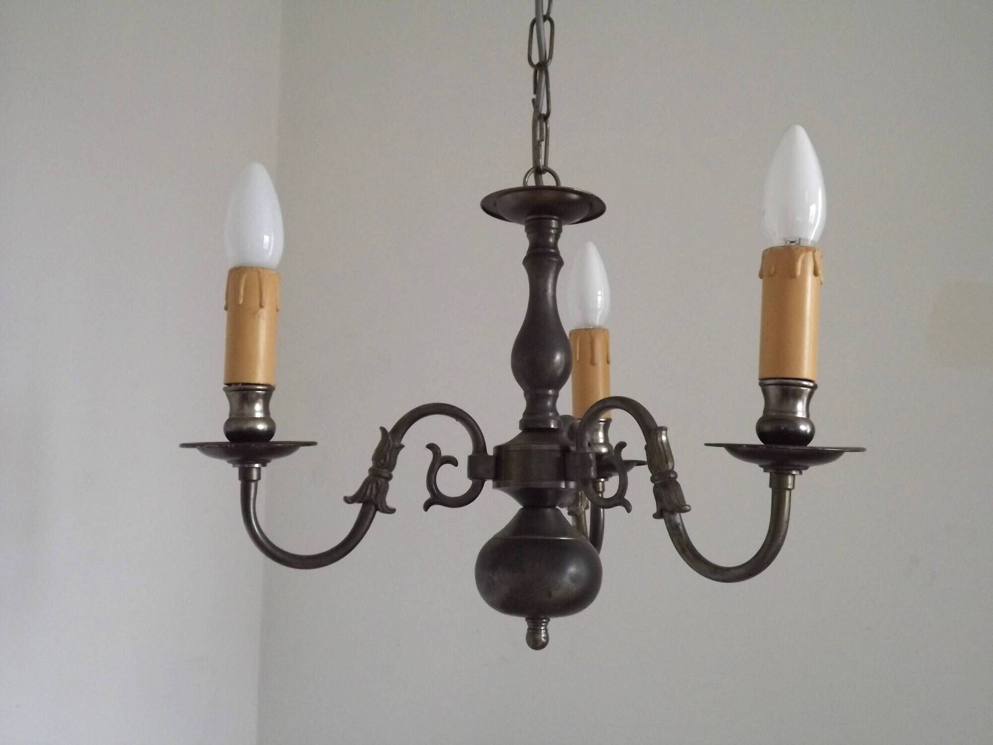 Italian Vintage Silver Brushed Metal 3 Light Flemish Style Chandelier