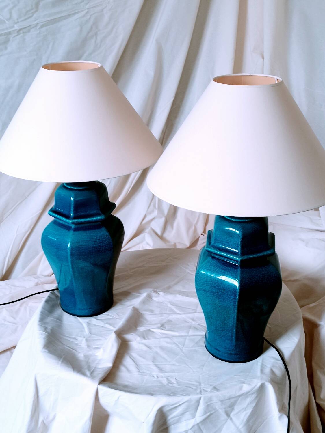 2 blue crackle ceramic desk lamp bases, 1950s
