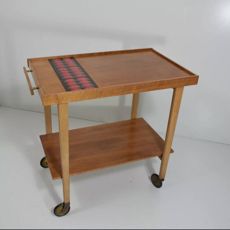 Vintage rolling bar or serving trolley, red ceramic, 1950s design