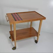 Vintage rolling bar or serving trolley, red ceramic, 1950s design