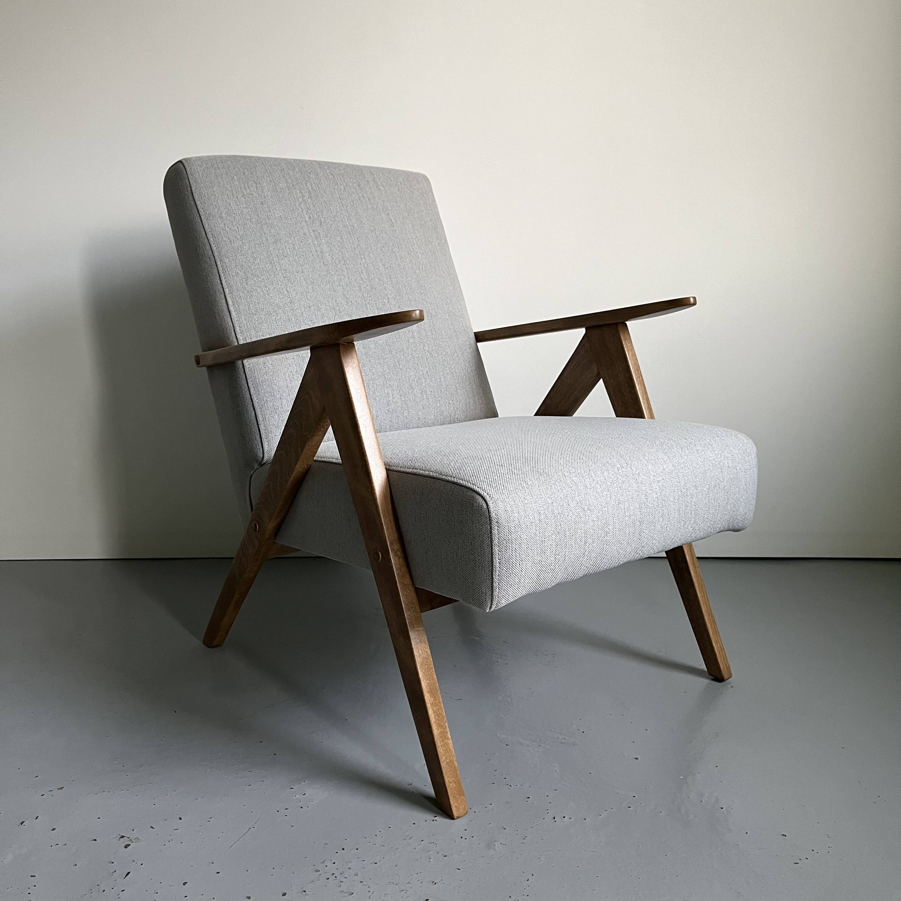 Vintage Mid Century Modern Armchair: Grey Fabric & Beech Wood Frame