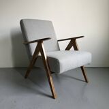 Vintage Mid Century Modern Armchair: Grey Fabric & Beech Wood Frame