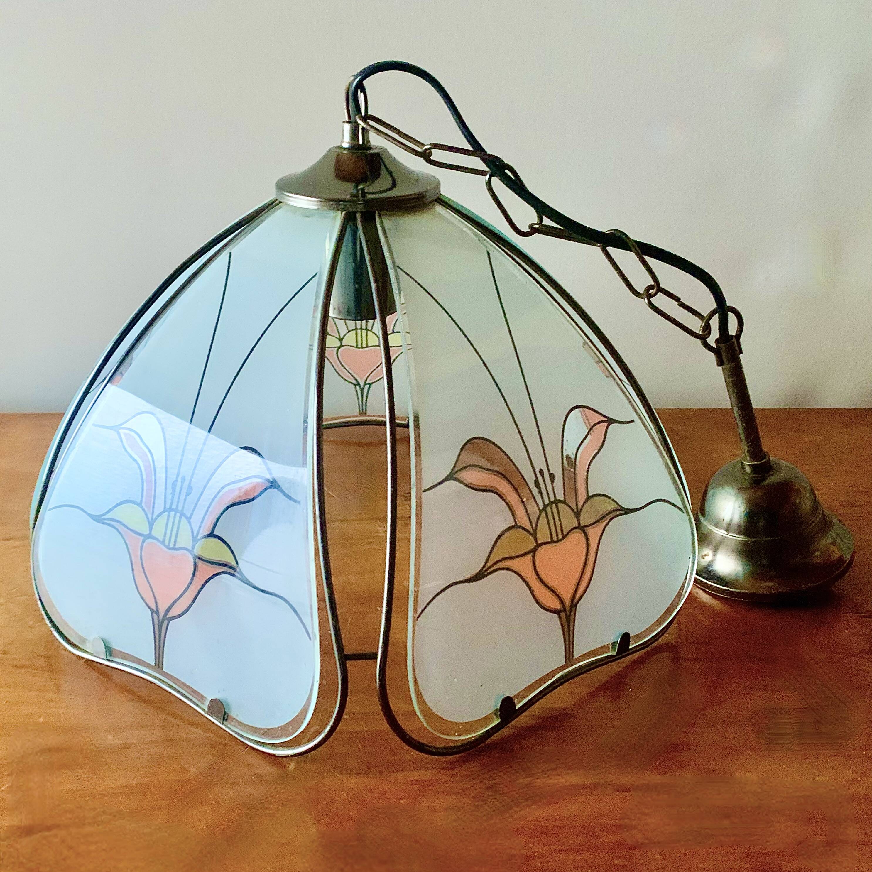 Vintage Hollywood Regency style metal and sandblasted glass chandelier