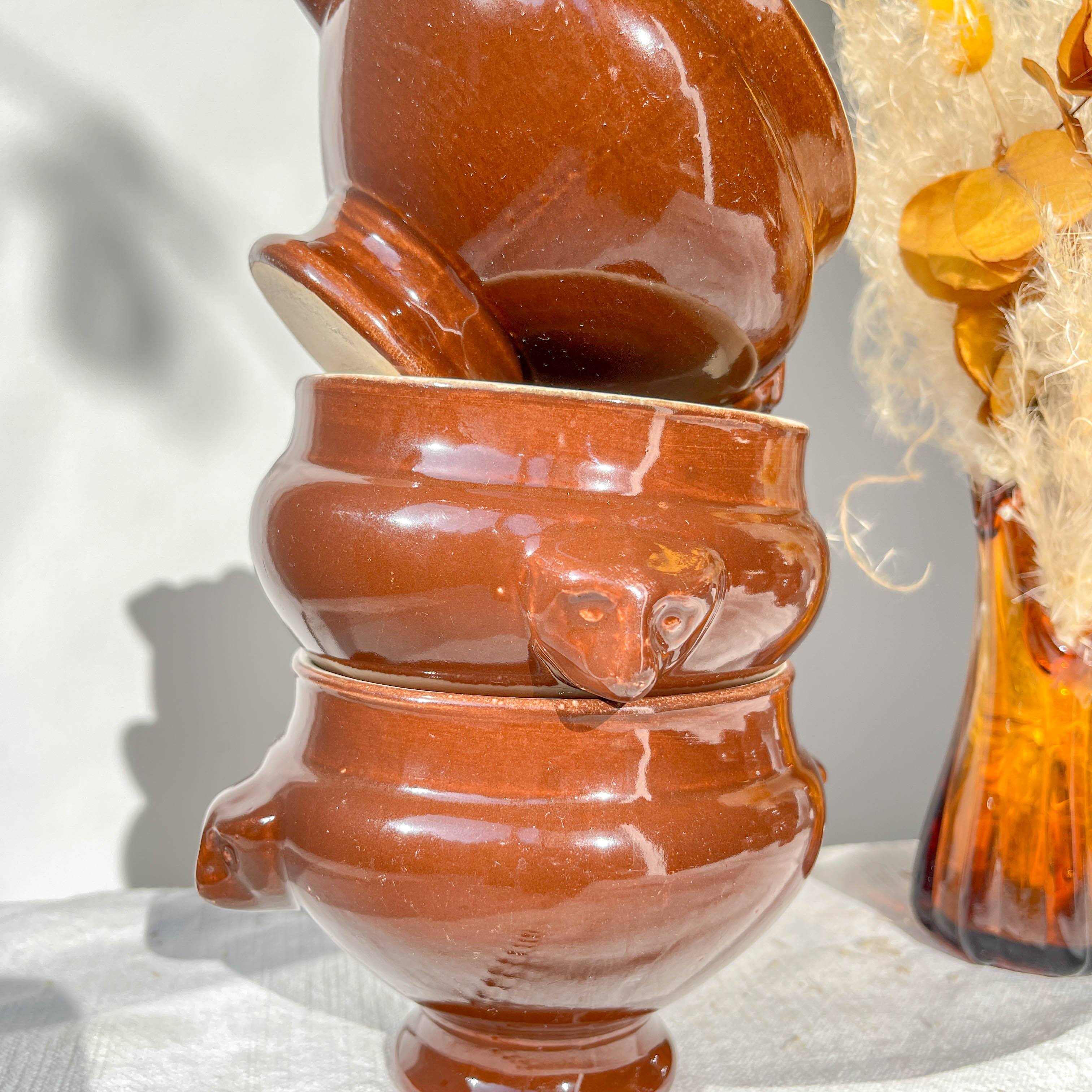 7 vintage Emile Henry ceramic lion head onion soup bowls - brown, made in France