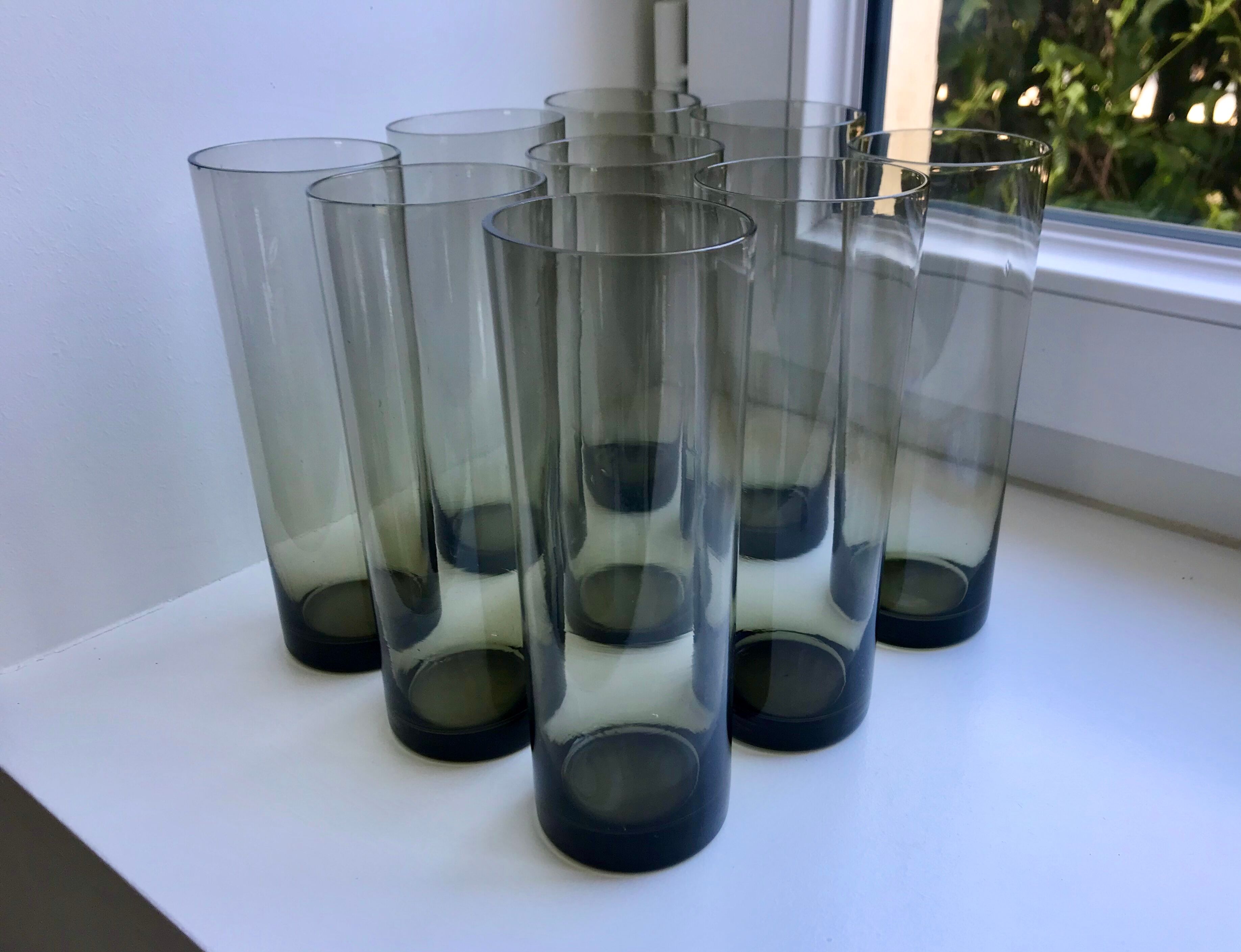 Set of 9 very large glasses in smoked glass 70s