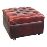 Red cow leather square chesterfield ottoman/storage pouf