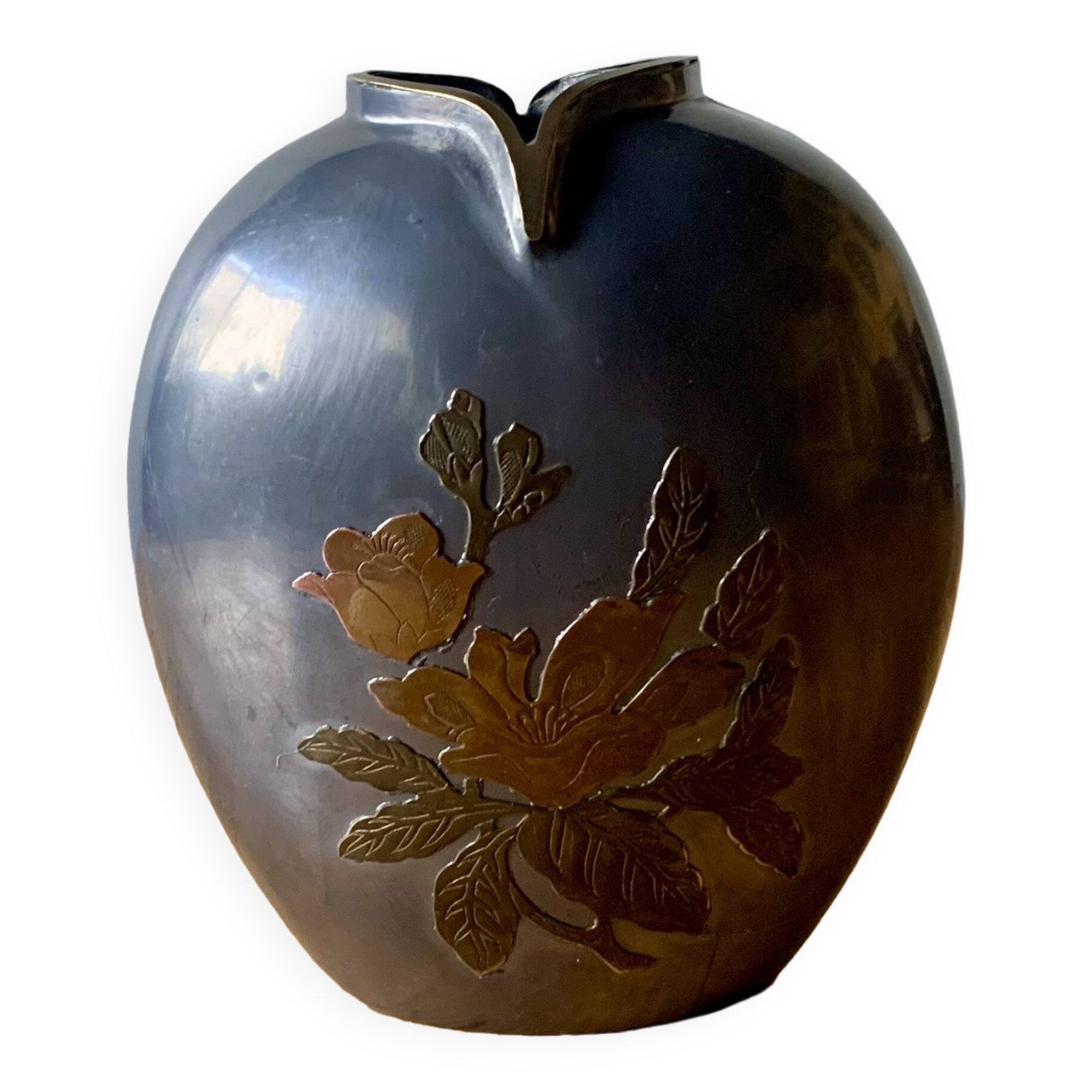 Small pewter vase decorated with brass flowers