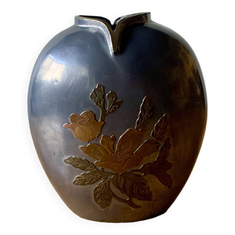 Small pewter vase decorated with brass flowers