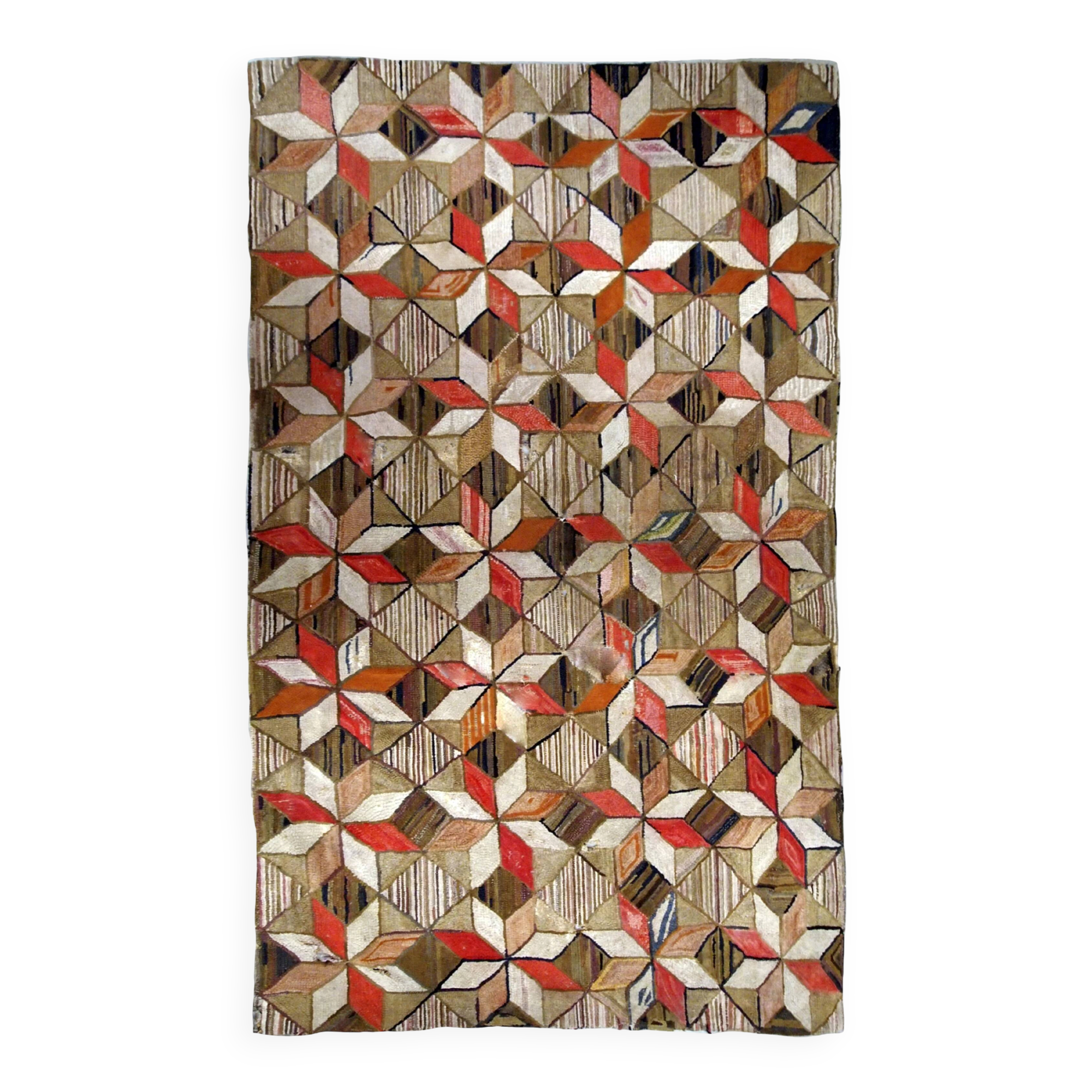 Handmade antique American Hooked geometric rug 4.8' x 7.7' (146cm x 234cm) 1900s - 1B654