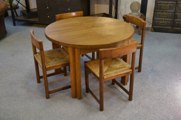 Round solid oak table by Maison Regain 1970s