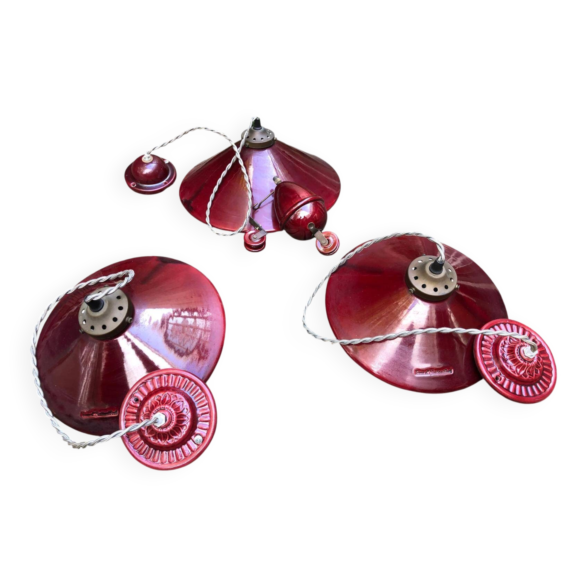 Set of 3 red ceramic pendants, brand Terre d'Hautaniboul.