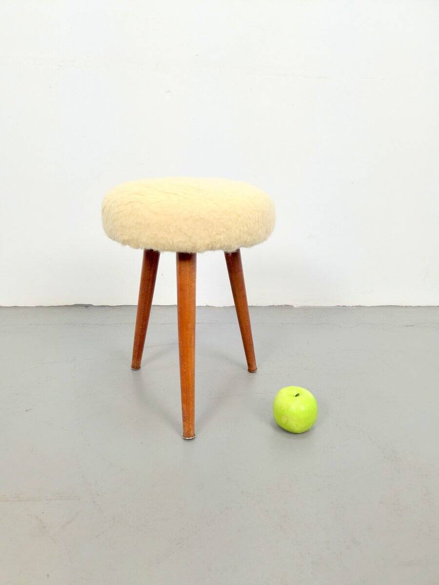 Vintage Swedish Three Legged Sheepskin Stool, 1970
