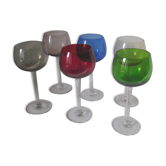 6 glasses of old wine in different colors